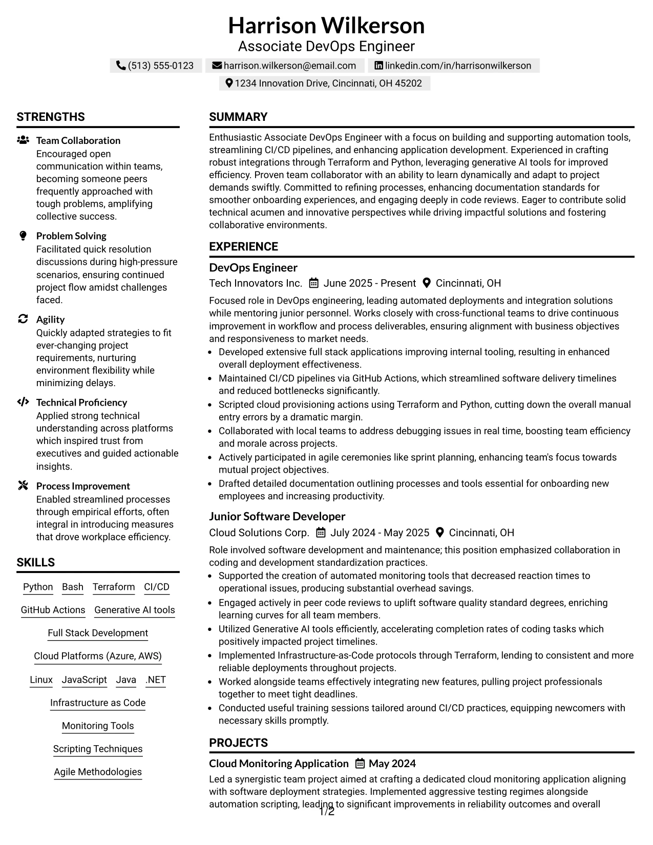 Resume Example Page 1