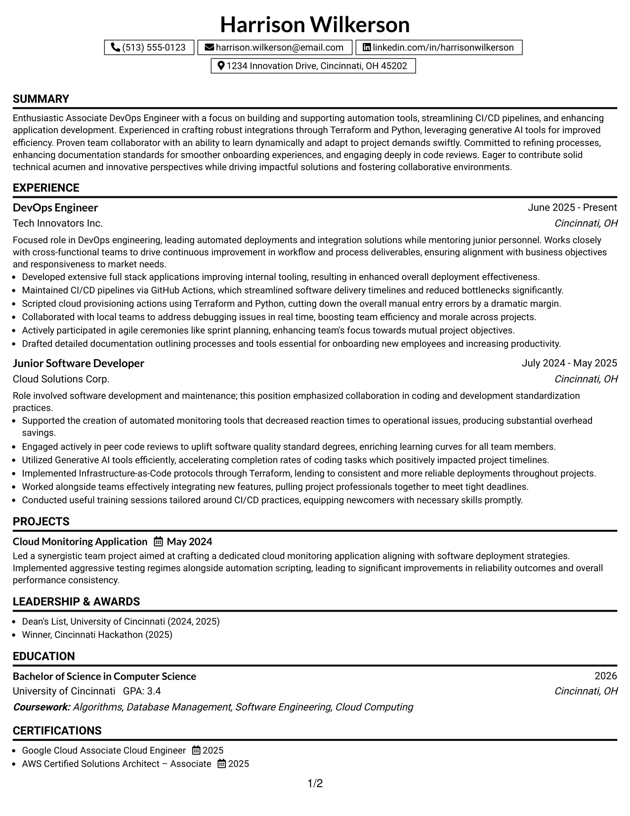Resume Example Page 1