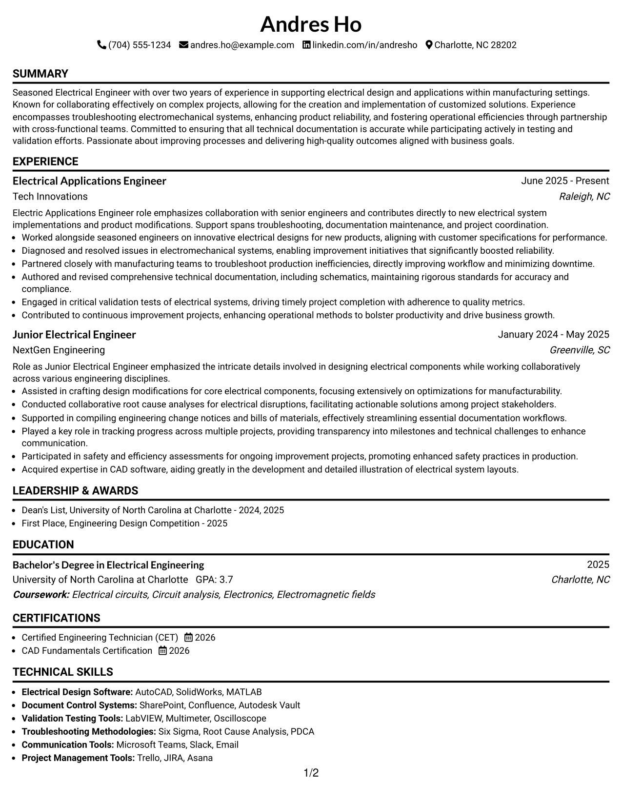 Resume Example Page 1