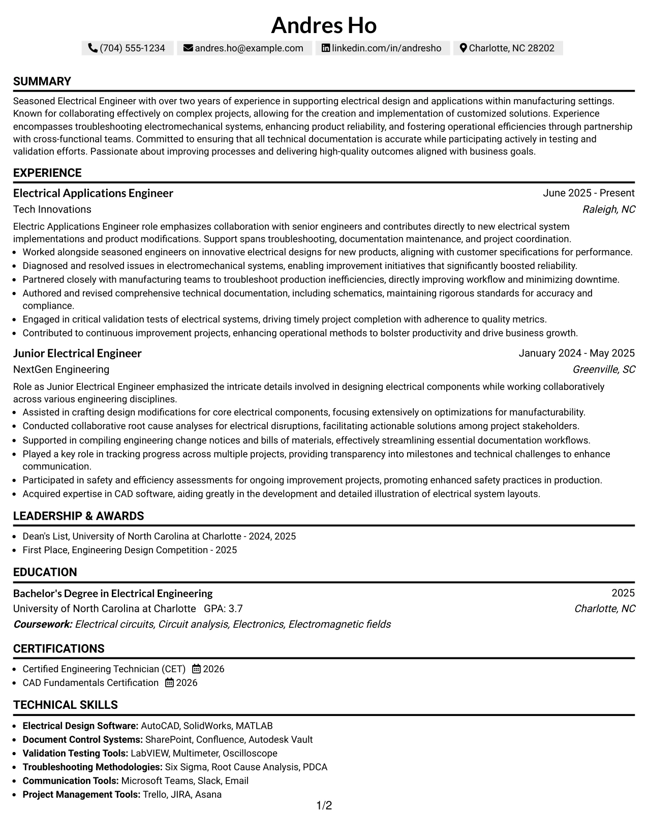 Resume Example Page 1