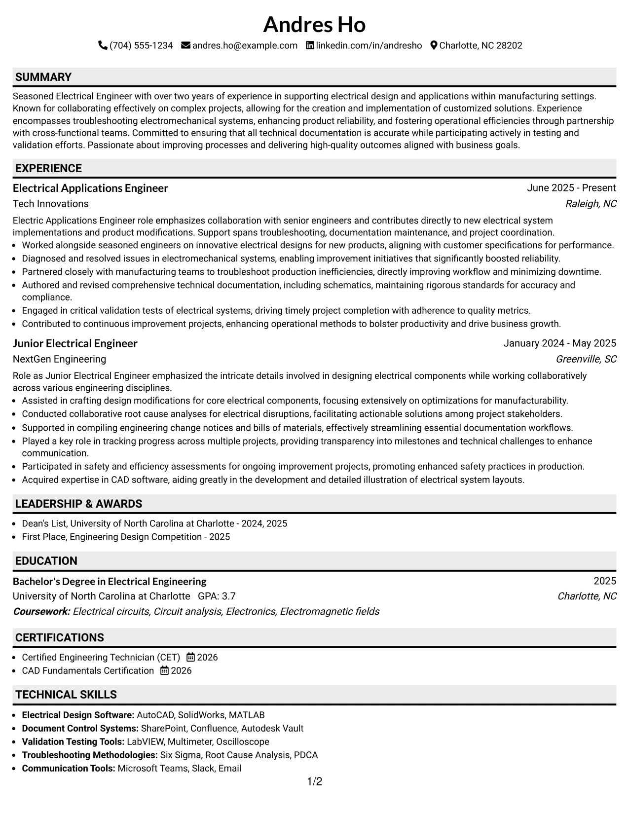 Resume Example Page 1