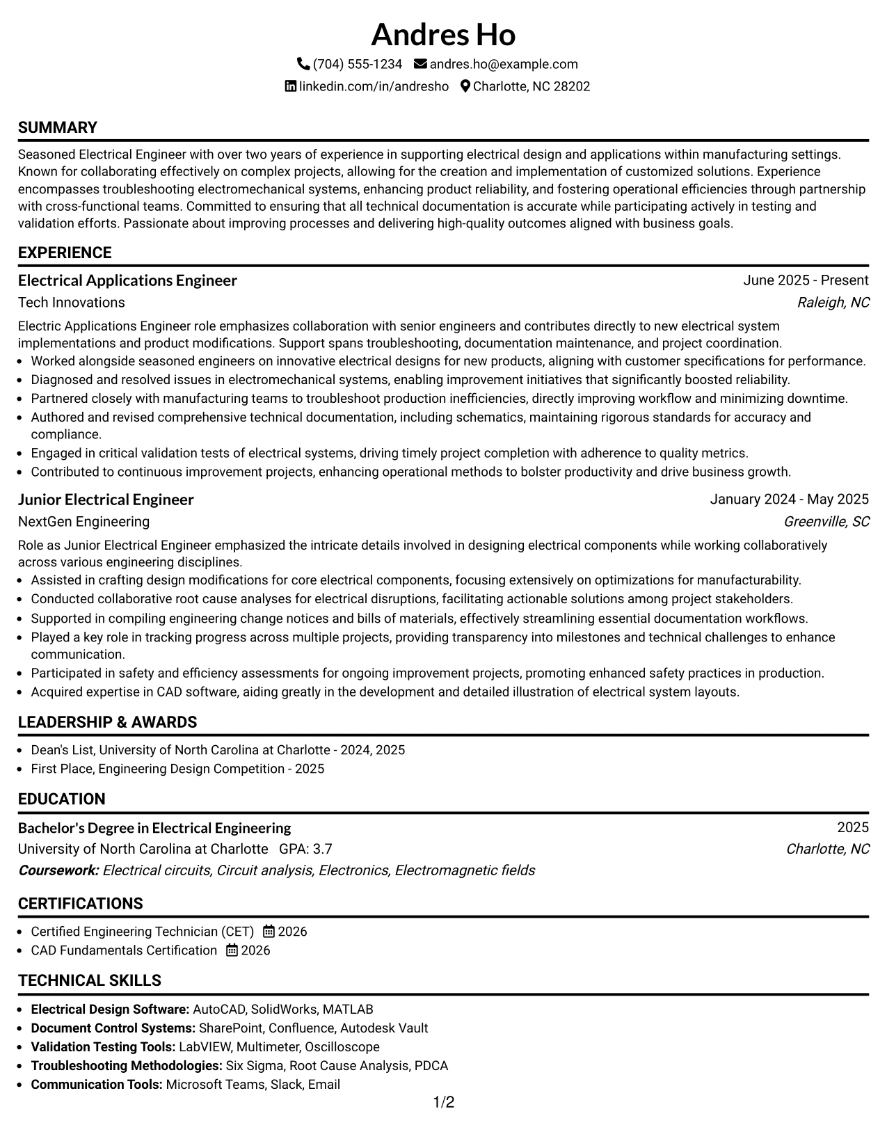 Resume Example Page 1