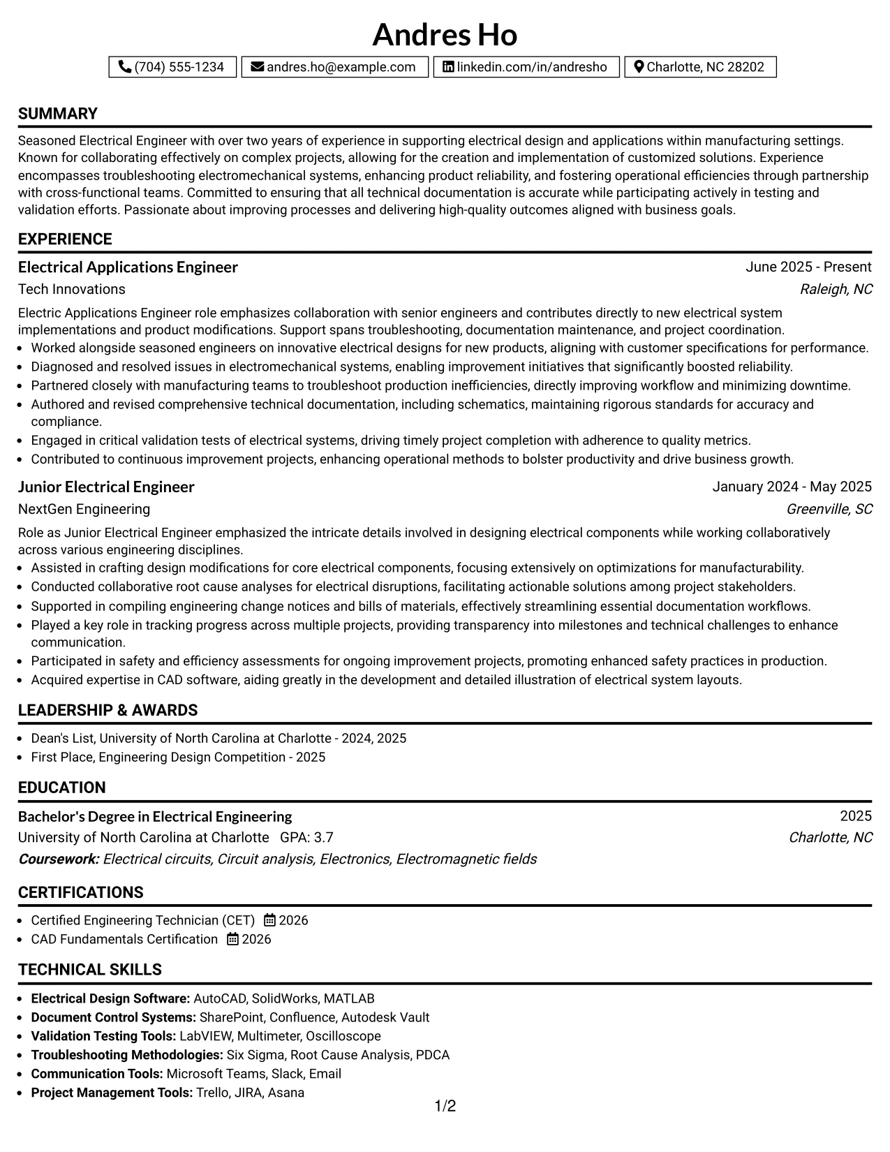 Resume Example Page 1
