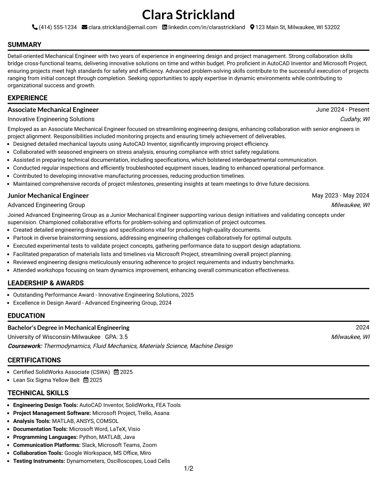 Resume Example Page 1