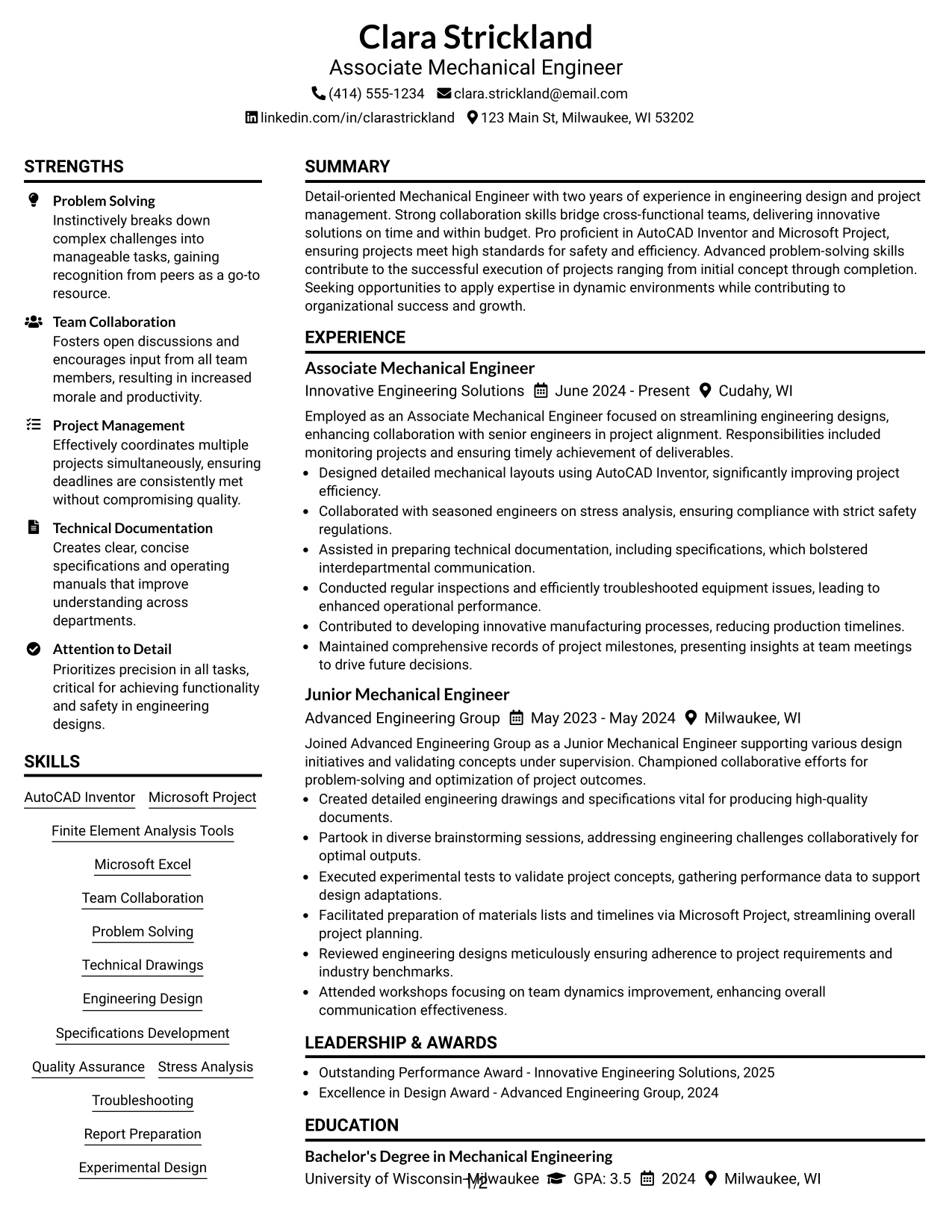Resume Example Page 1