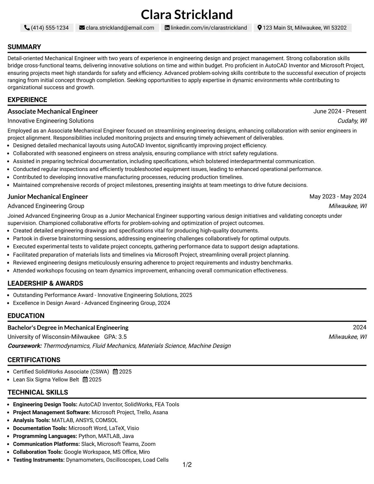 Resume Example Page 1