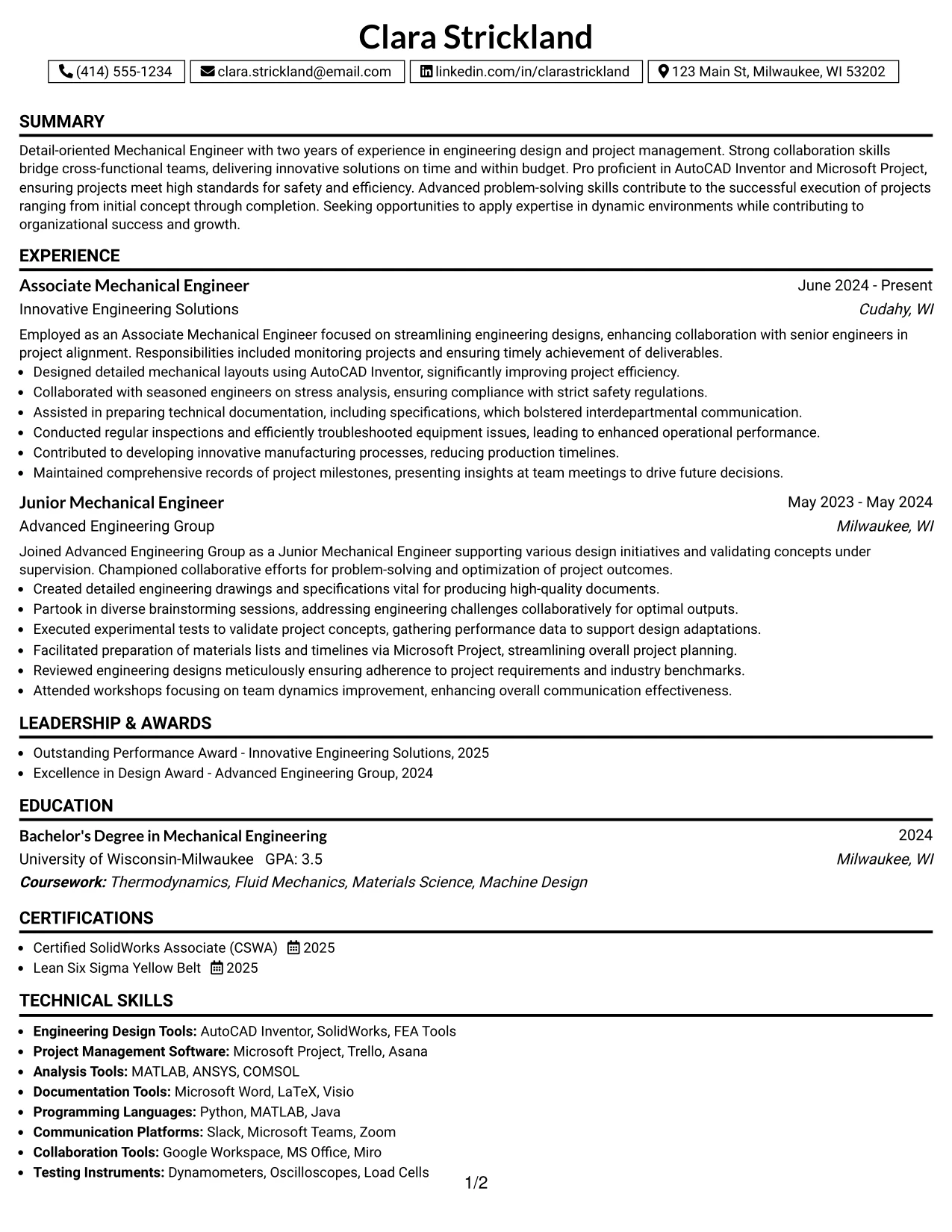 Resume Example Page 1