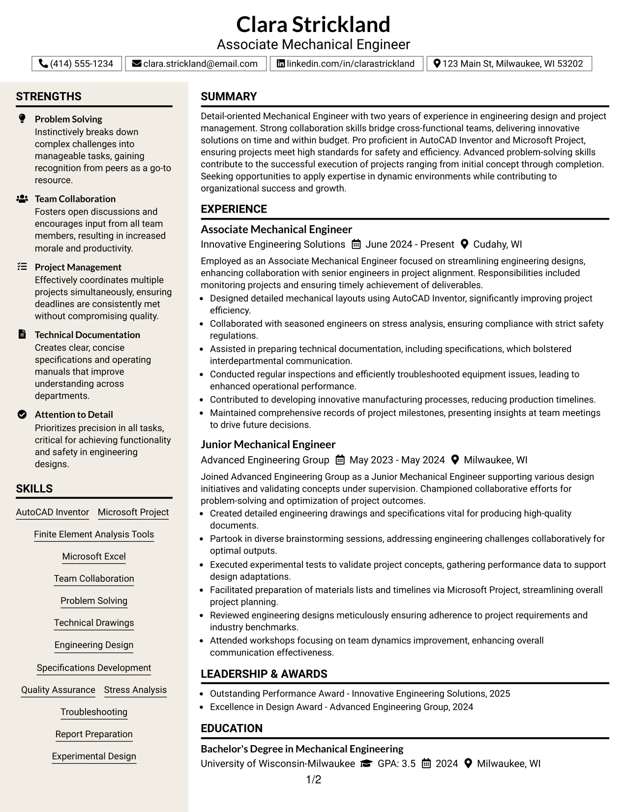 Resume Example Page 1