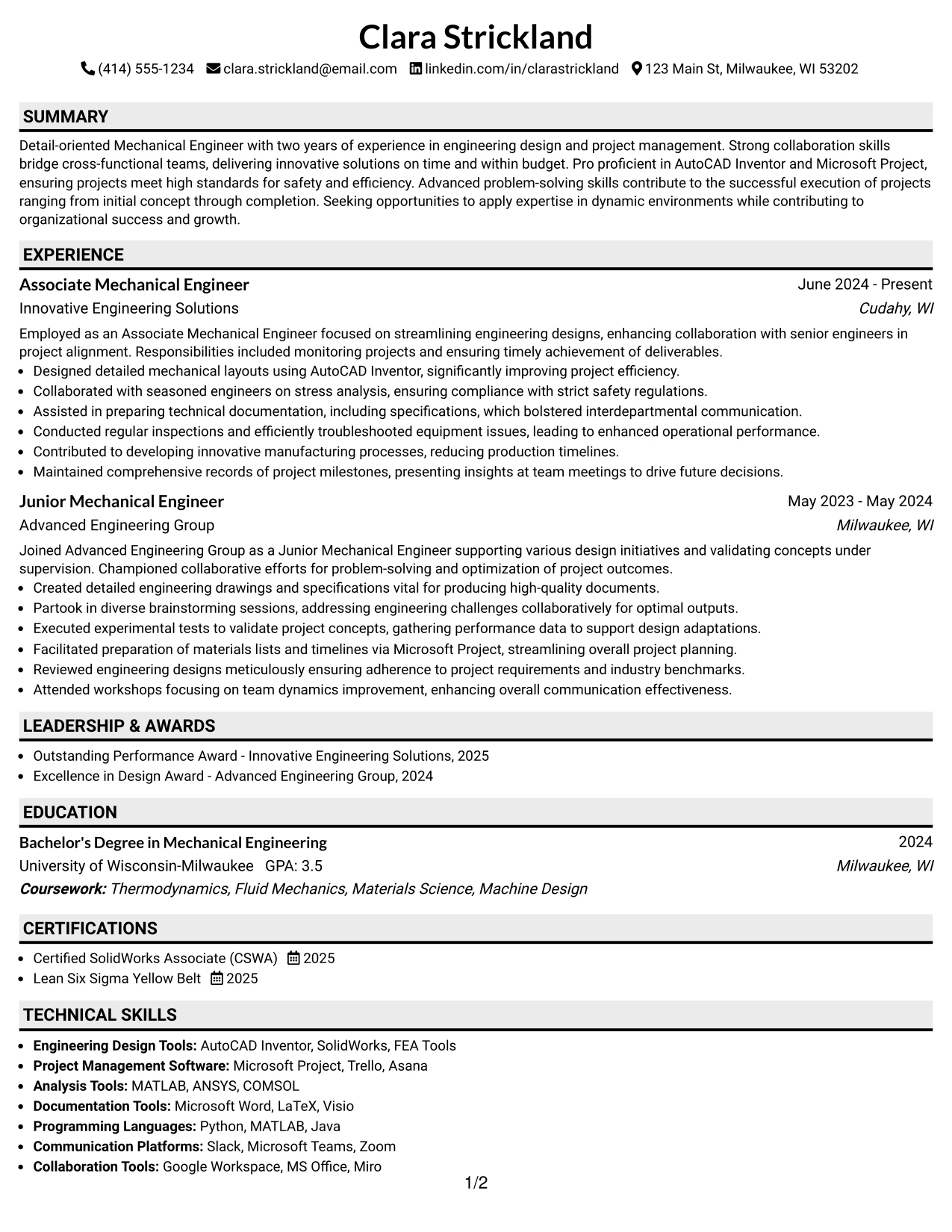 Resume Example Page 1