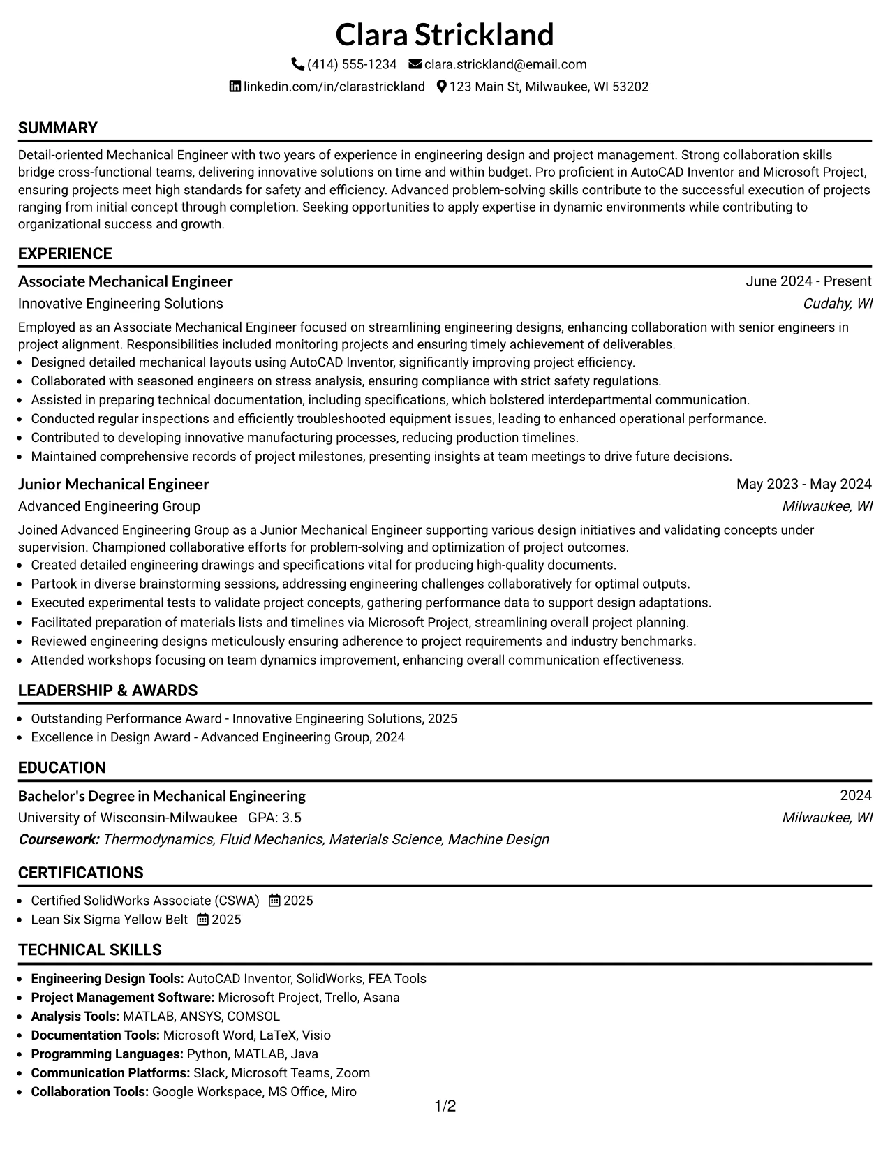 Resume Example Page 1