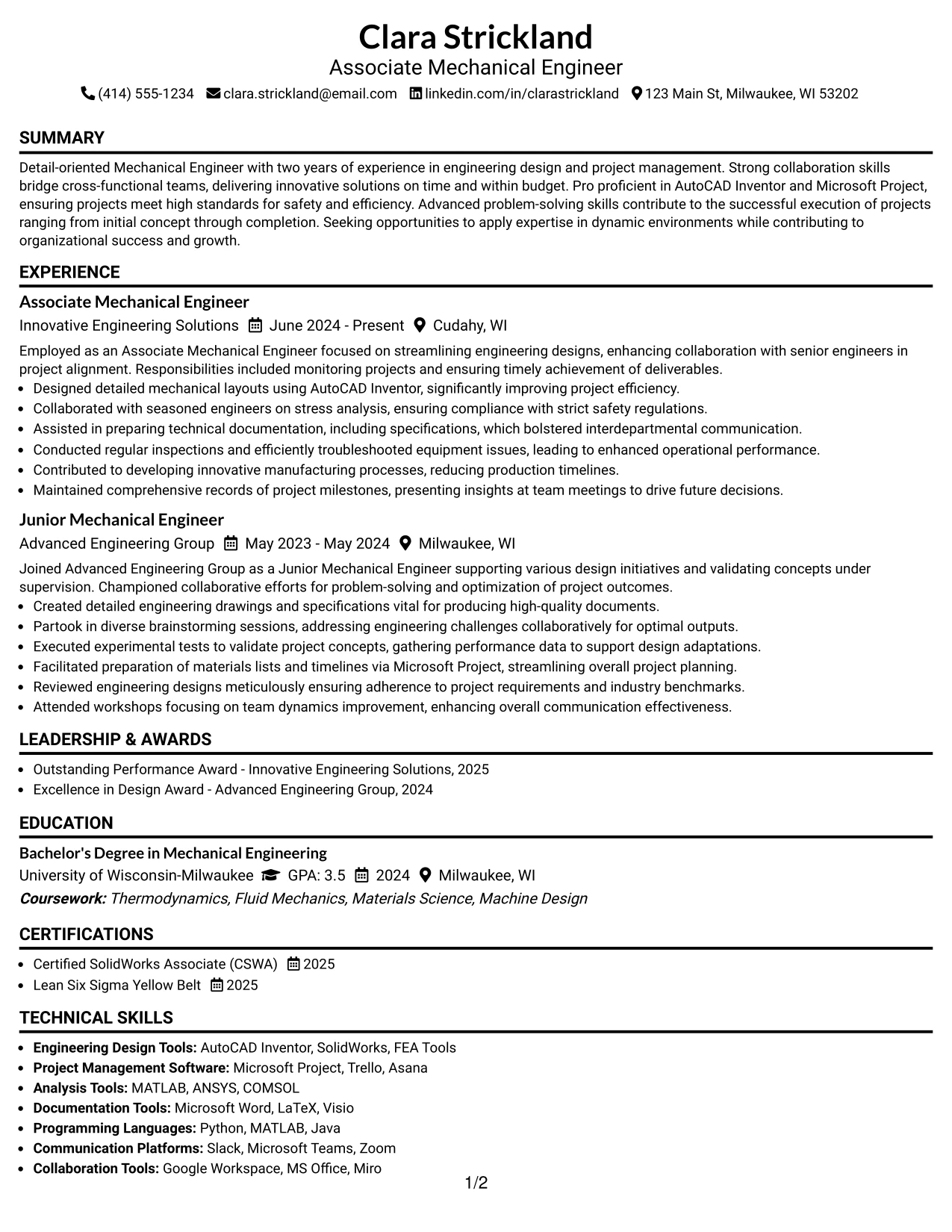 Resume Example Page 1