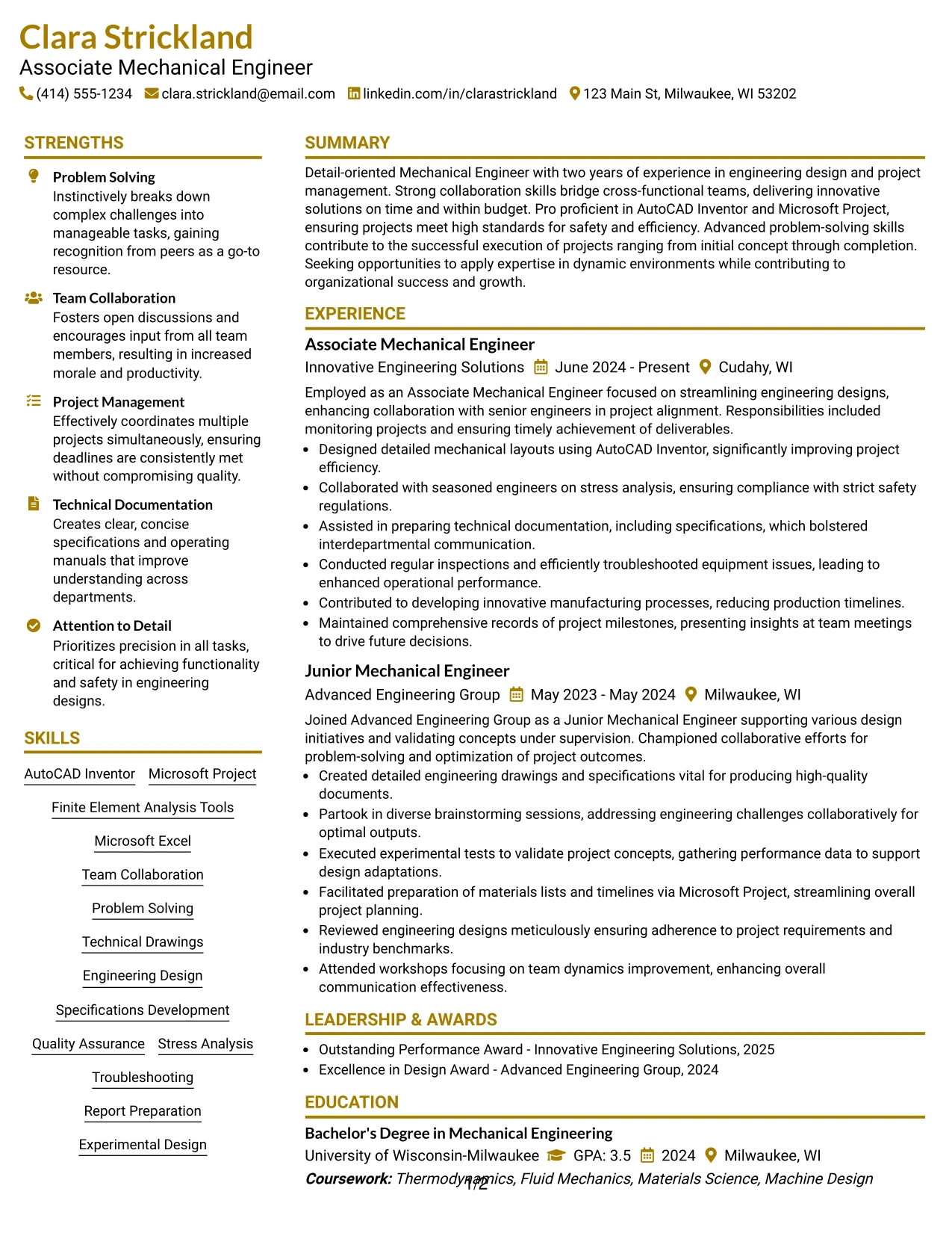 Resume Example Page 1