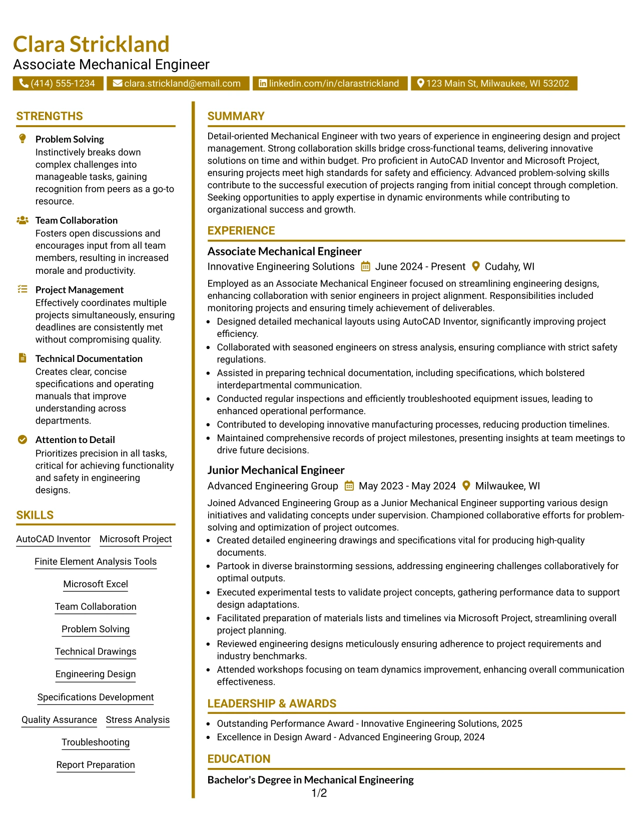 Resume Example Page 1