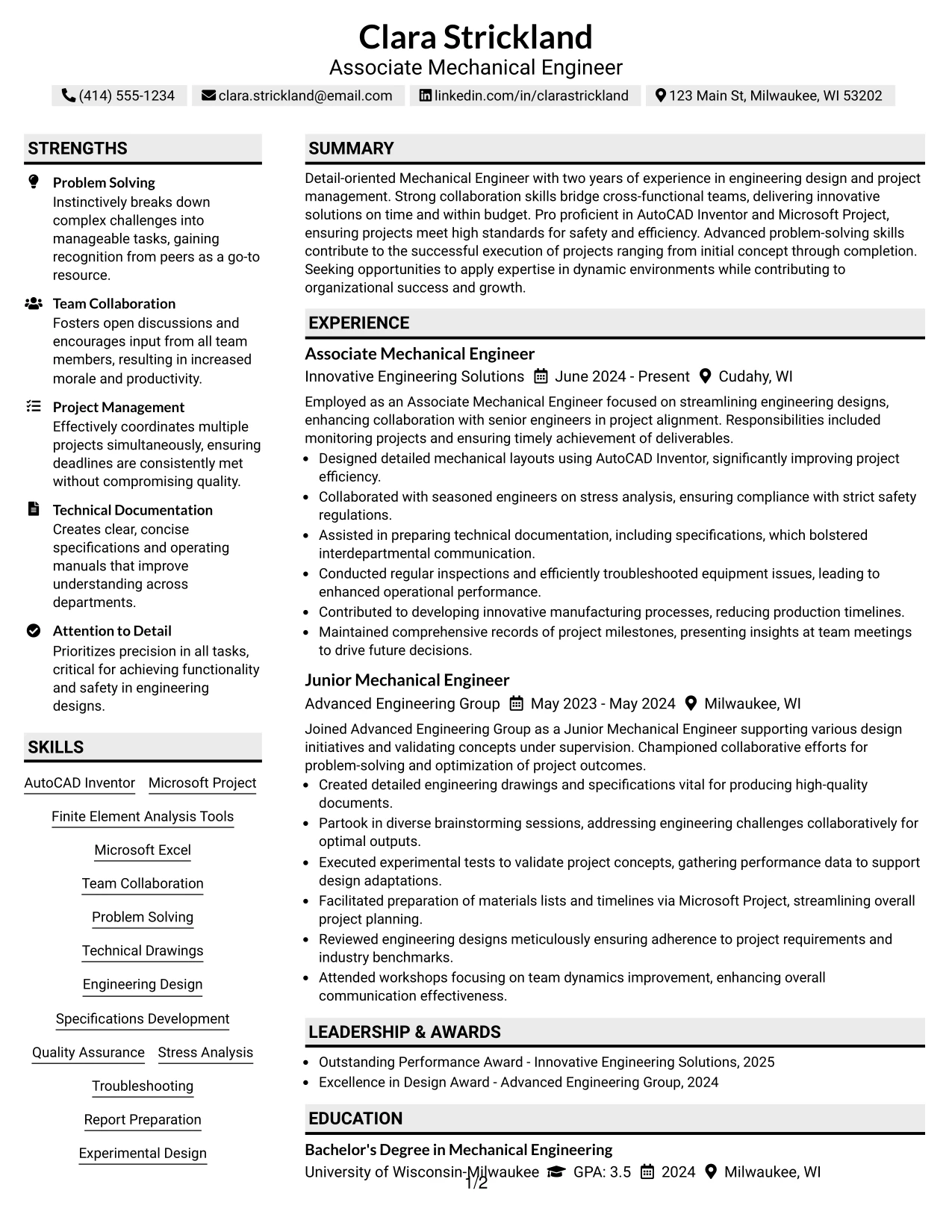 Resume Example Page 1