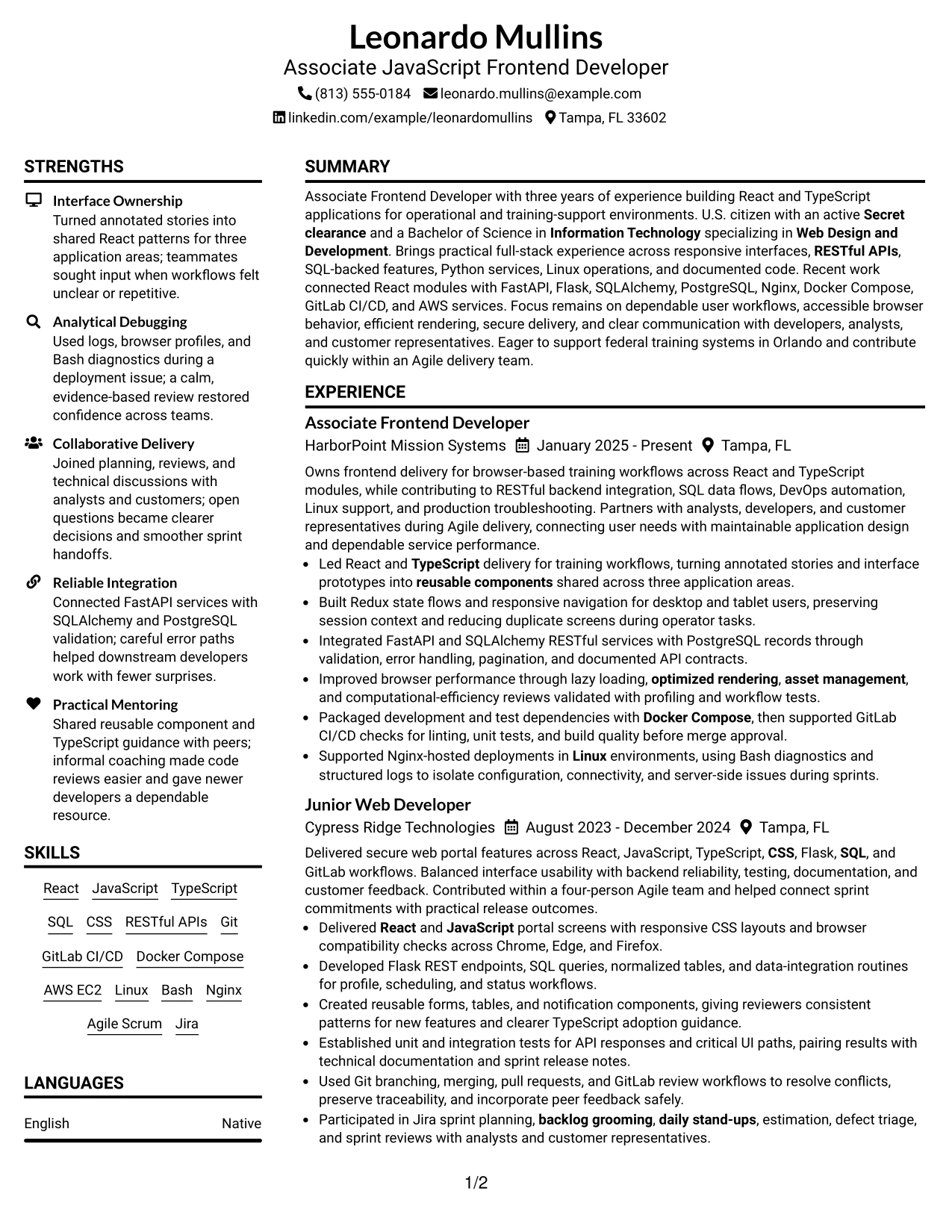 Resume Example Page 1