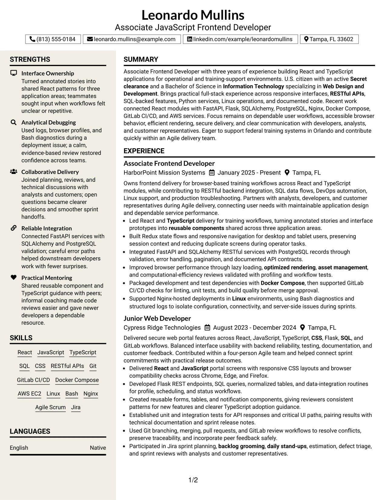 Resume Example Page 1