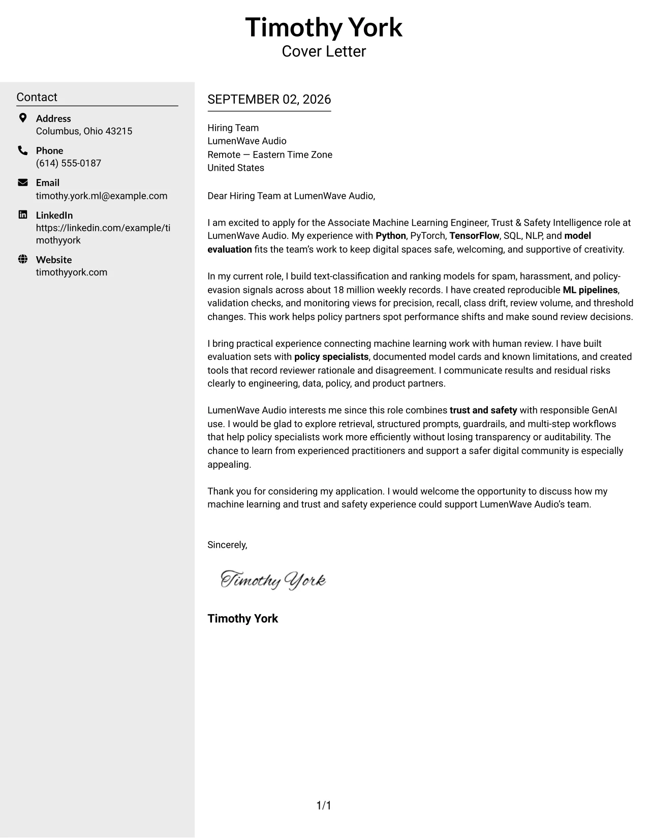 Resume Example Page 1