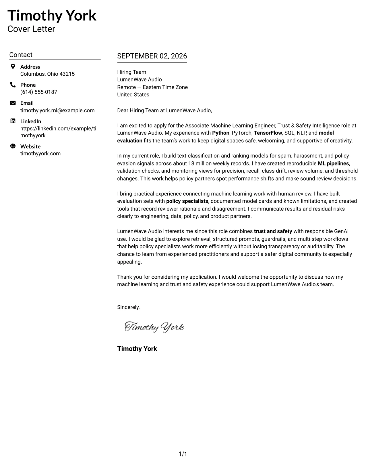 Resume Example Page 1