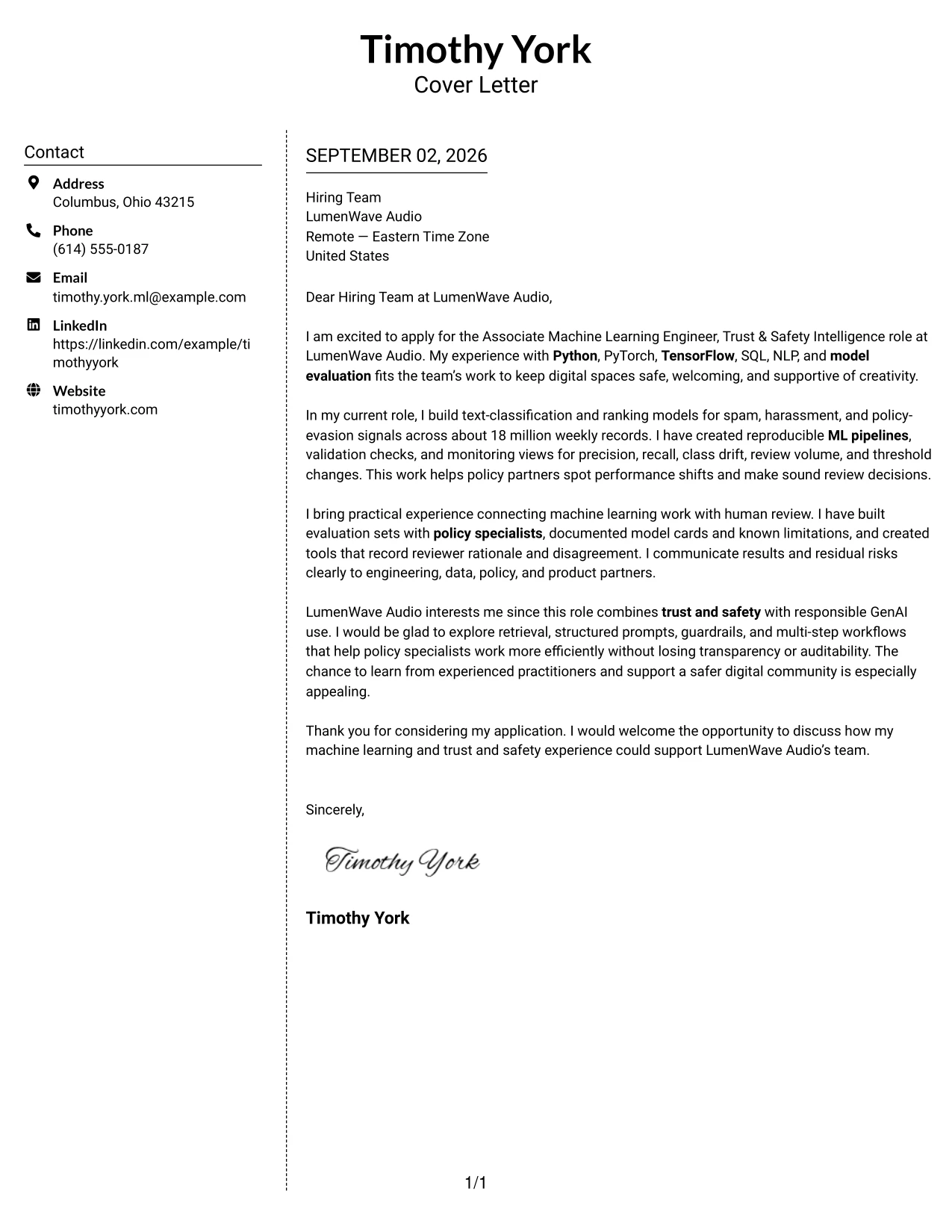 Resume Example Page 1