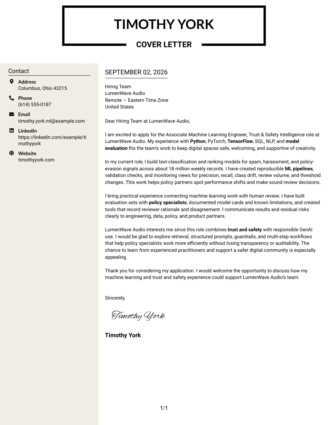 Resume Example Page 1