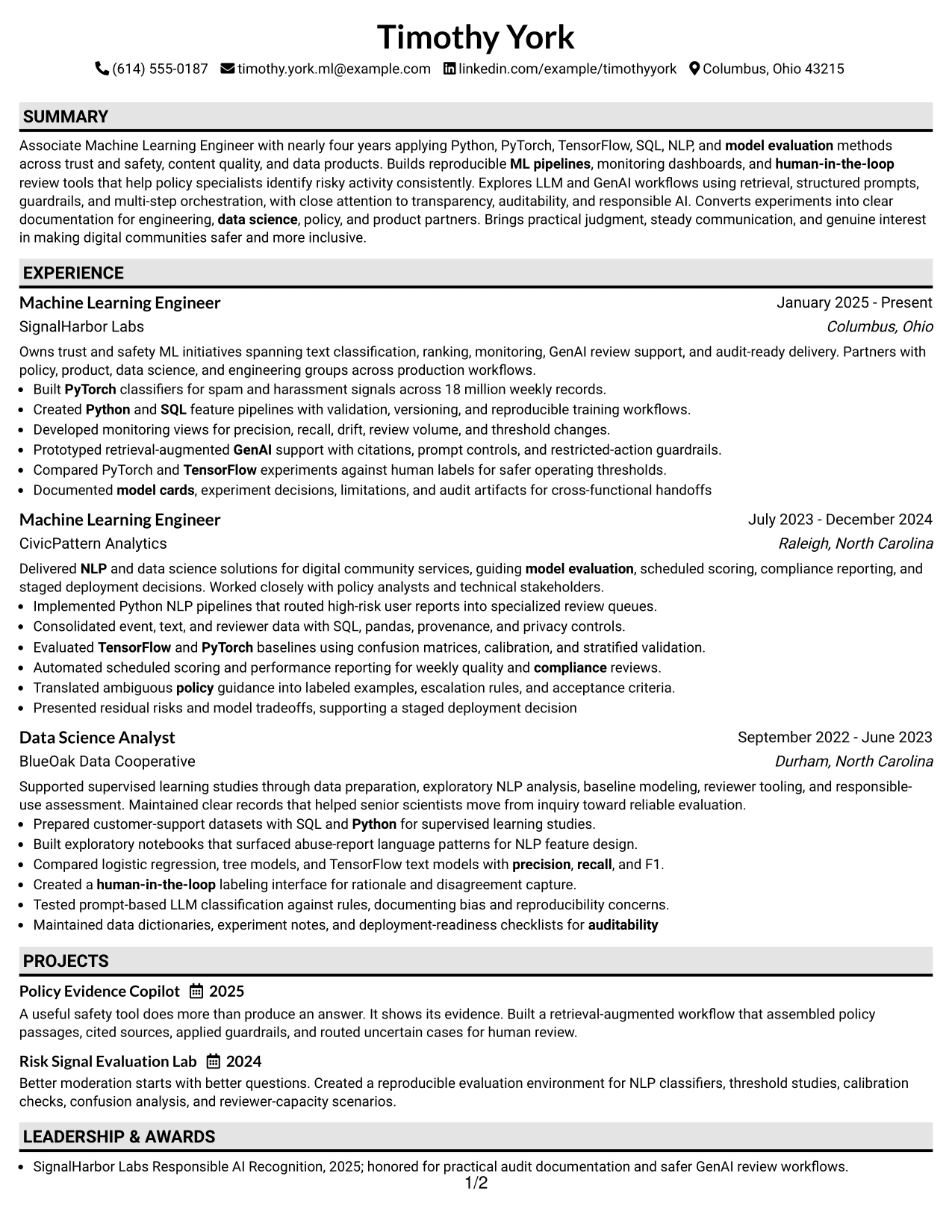 Resume Example Page 1