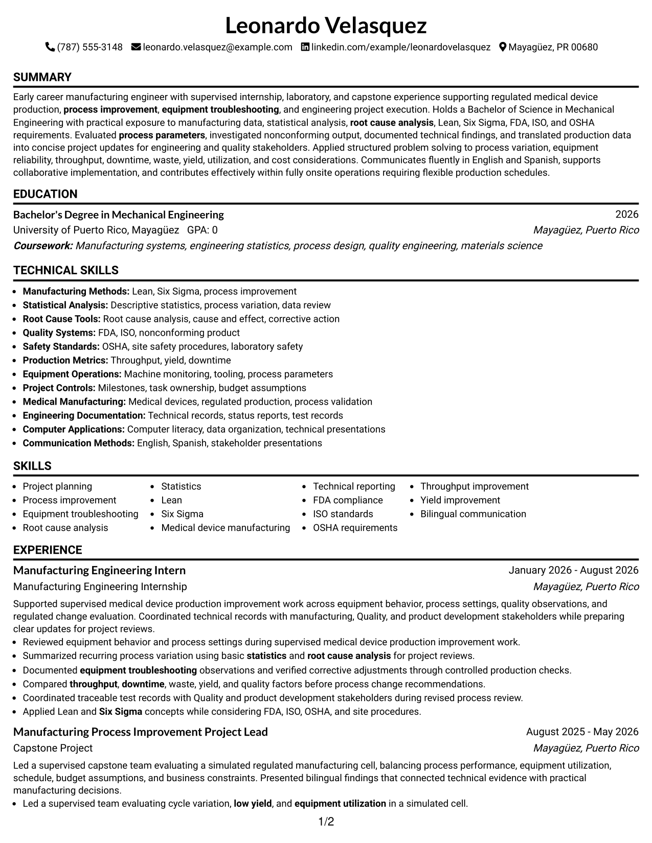 Resume Example Page 1