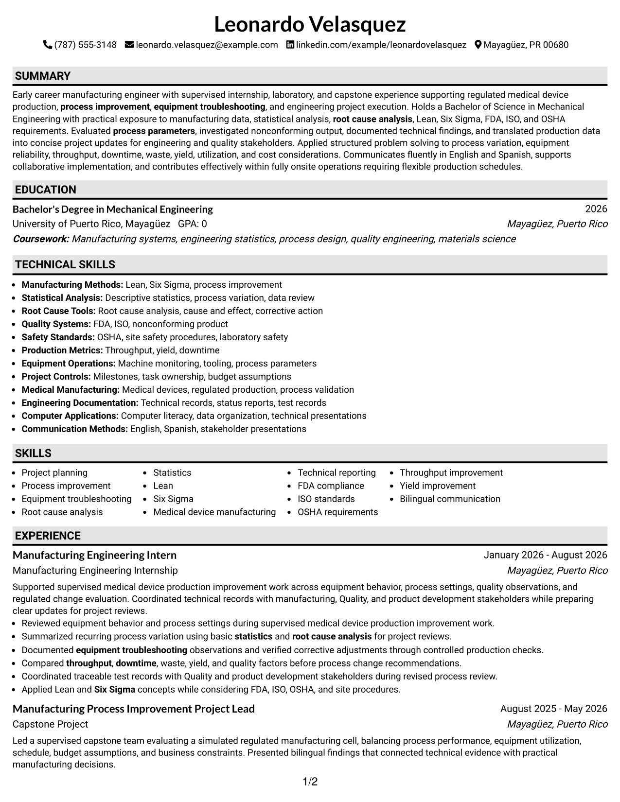 Resume Example Page 1