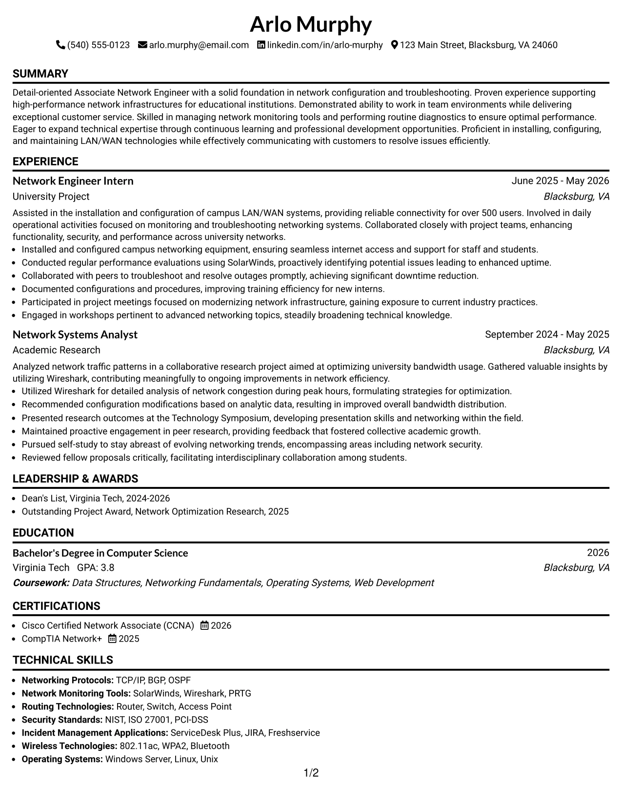 Resume Example Page 1