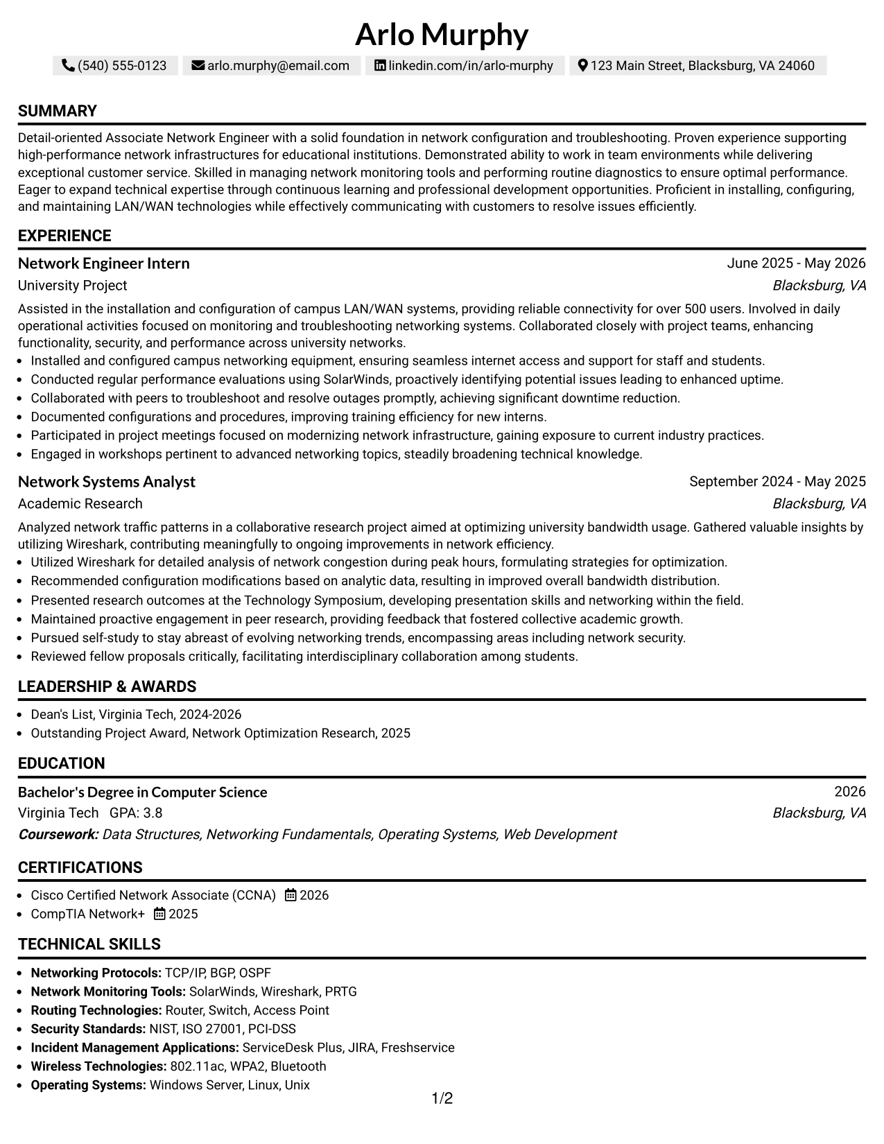 Resume Example Page 1