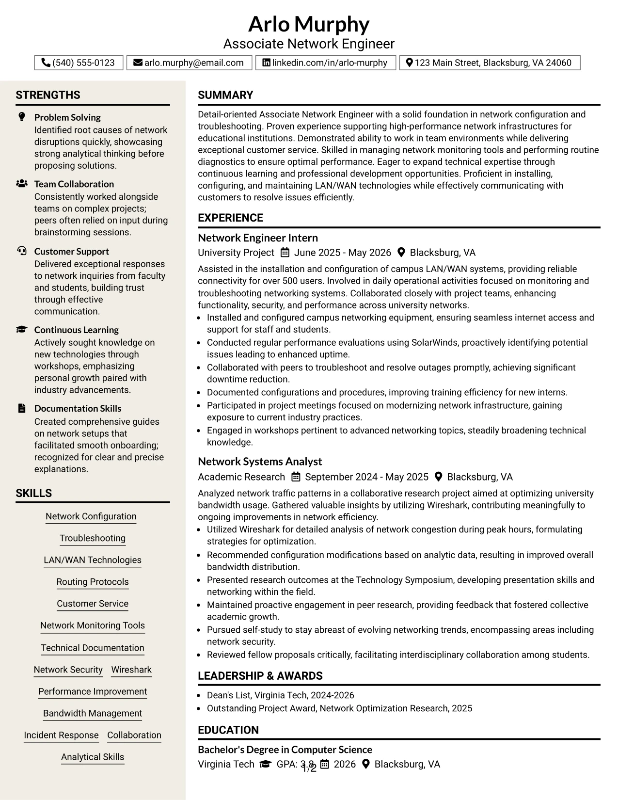 Resume Example Page 1