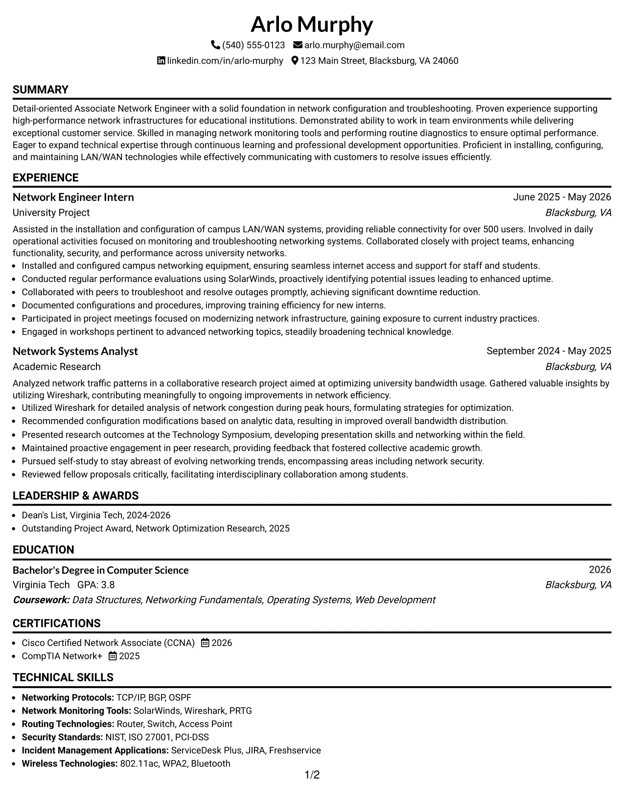 Resume Example Page 1
