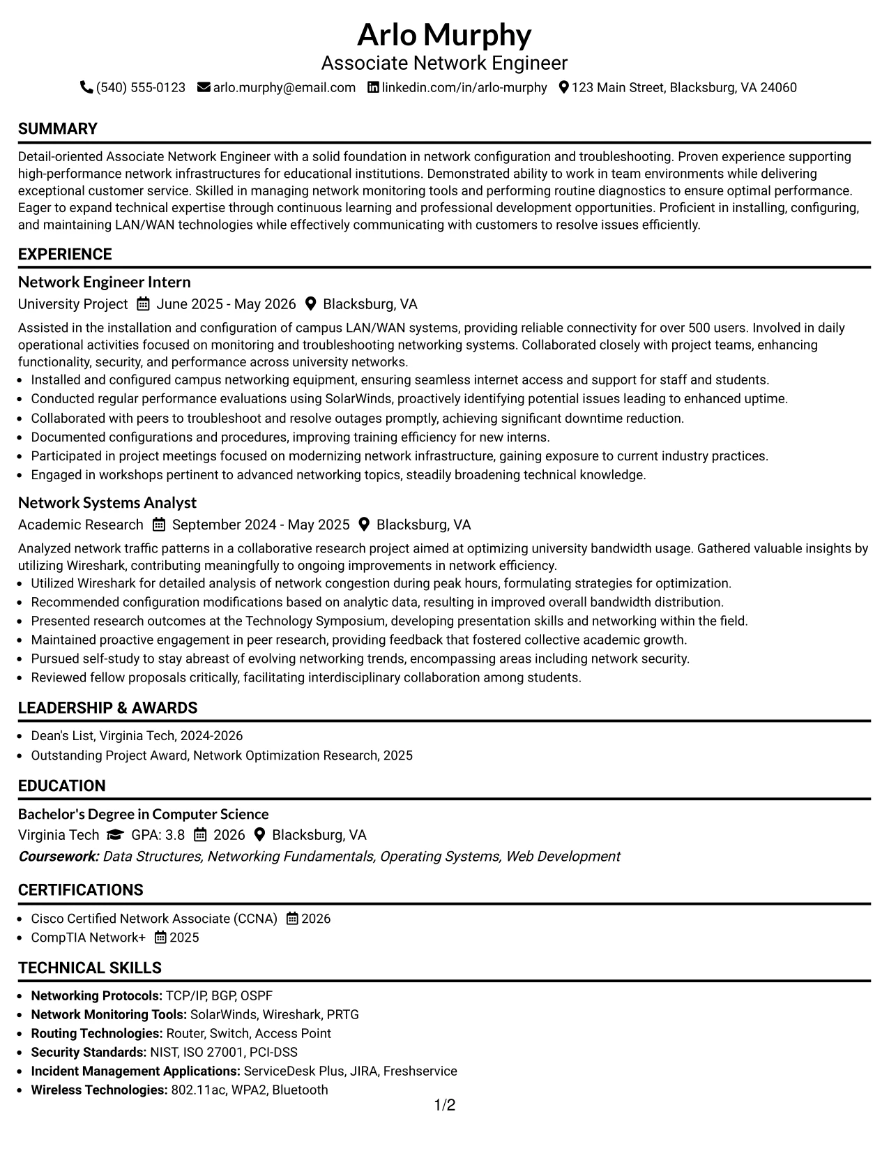 Resume Example Page 1