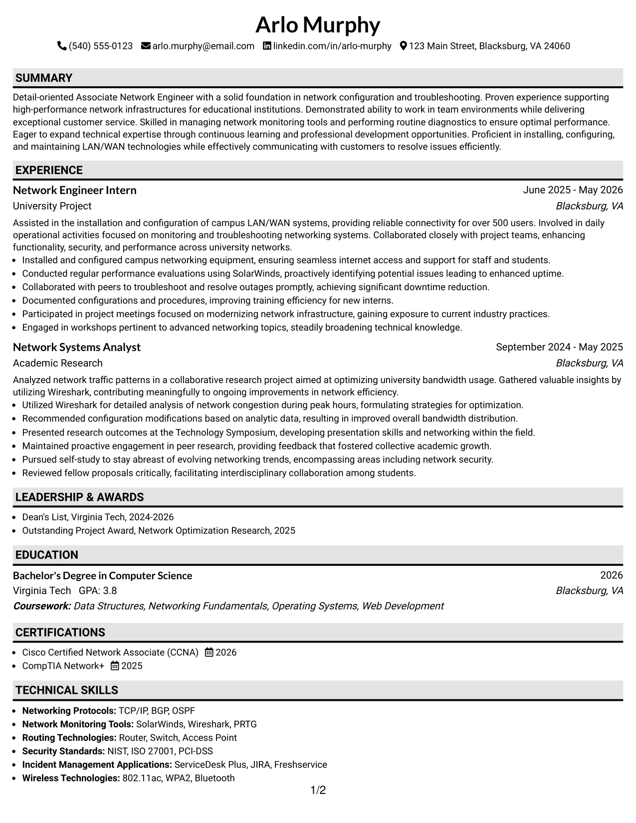 Resume Example Page 1