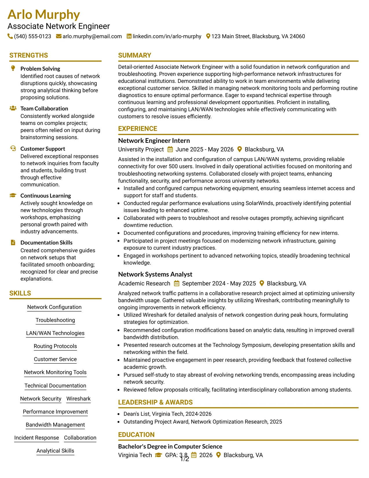 Resume Example Page 1