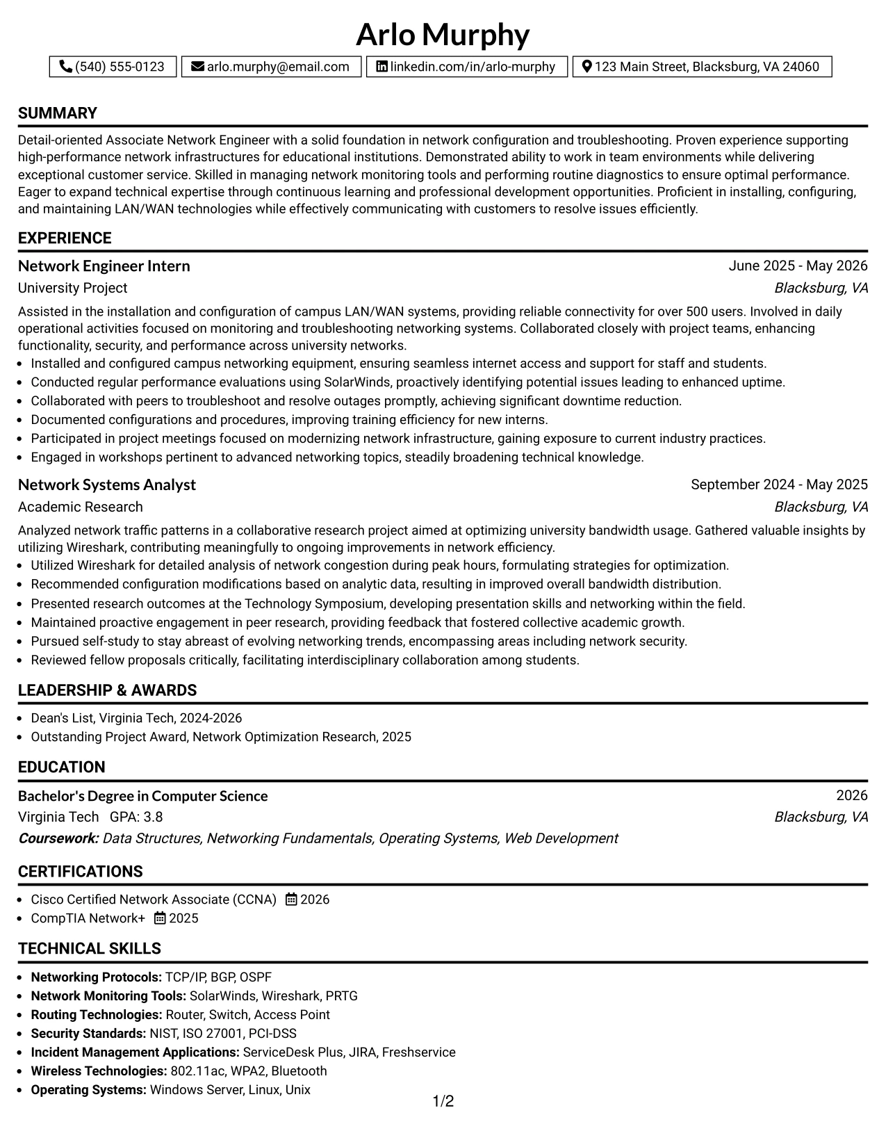 Resume Example Page 1