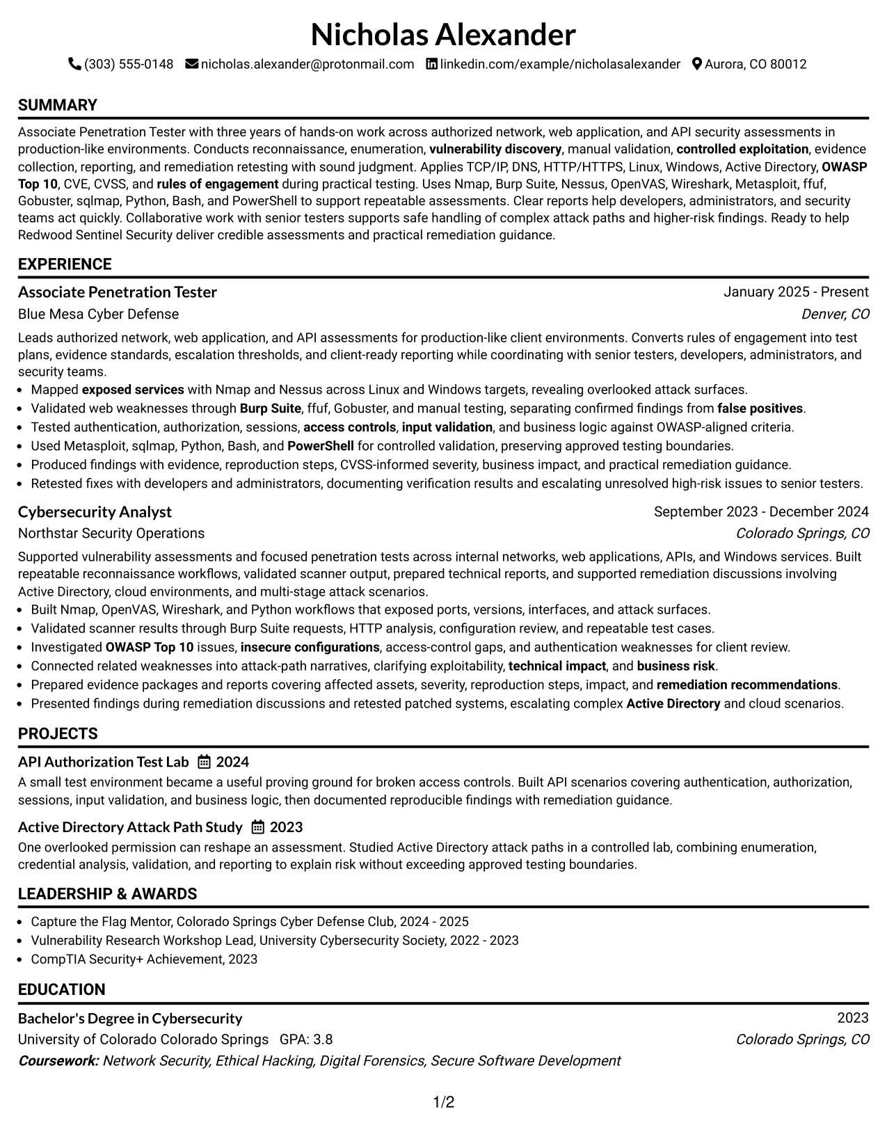 Resume Example Page 1