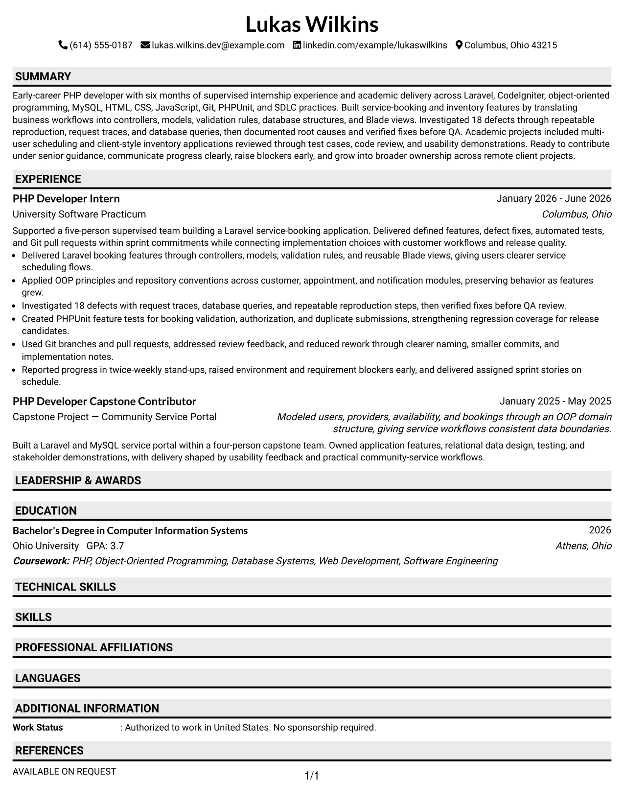 Resume Example Page 1