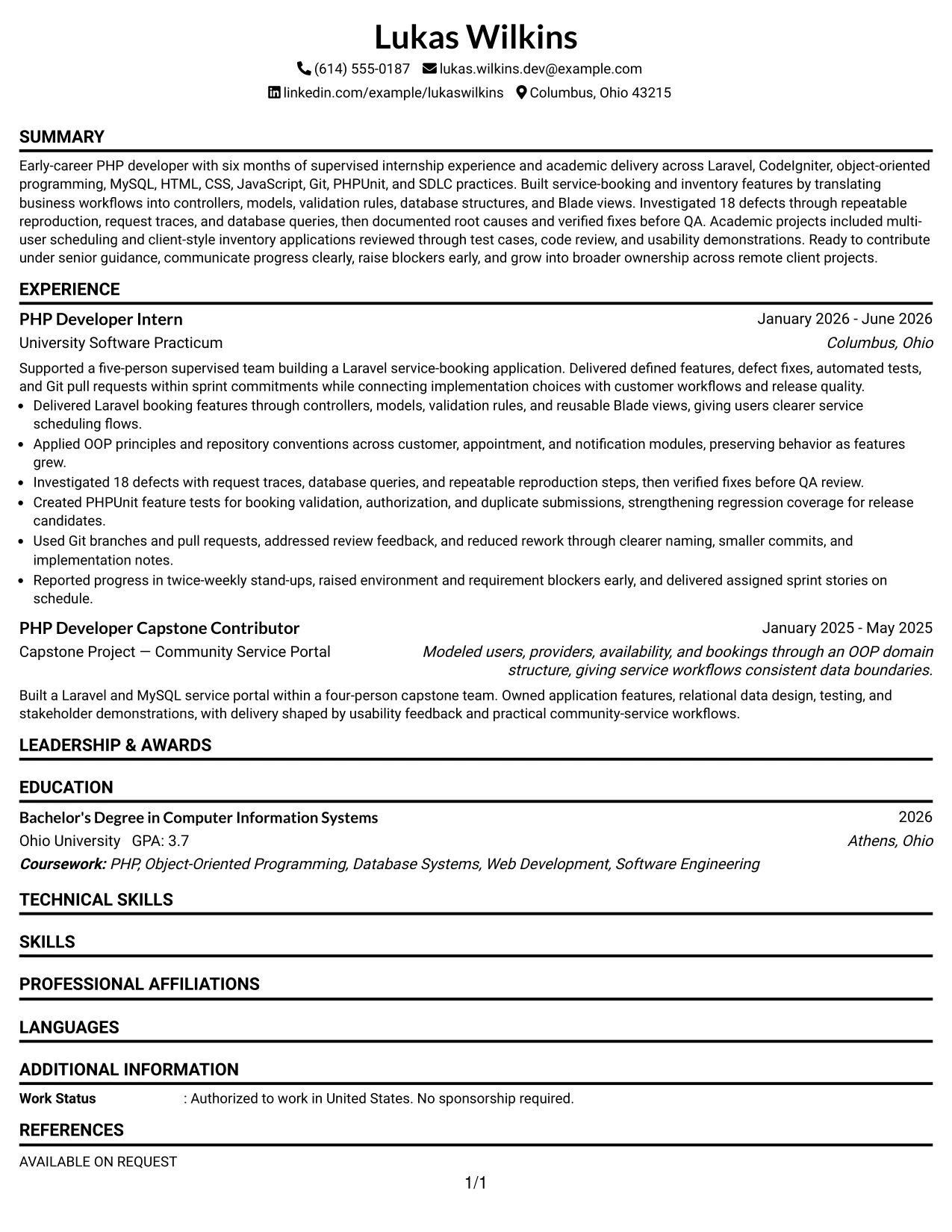 Resume Example Page 1
