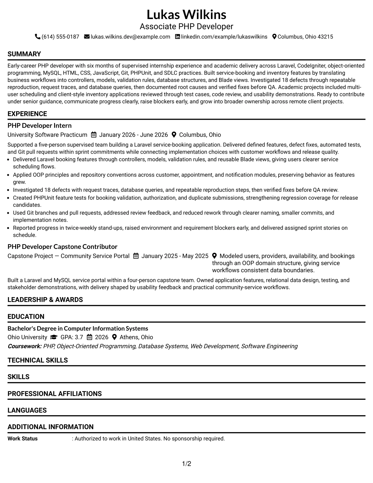 Resume Example Page 1