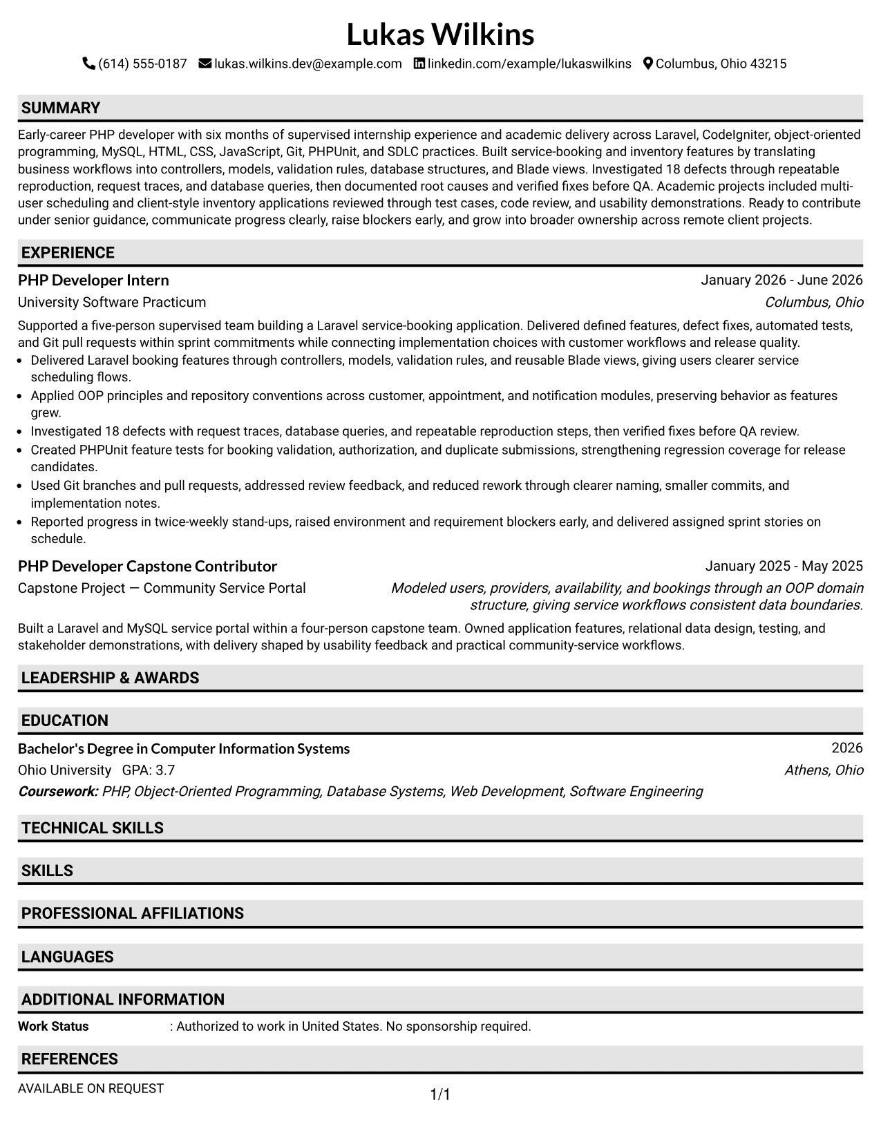 Resume Example Page 1