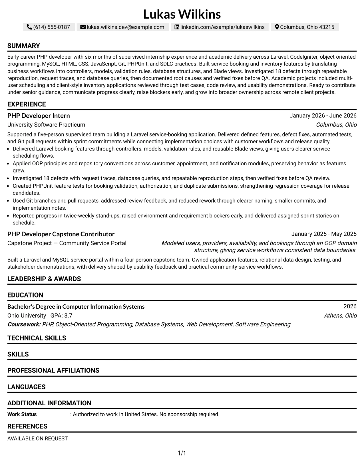 Resume Example Page 1