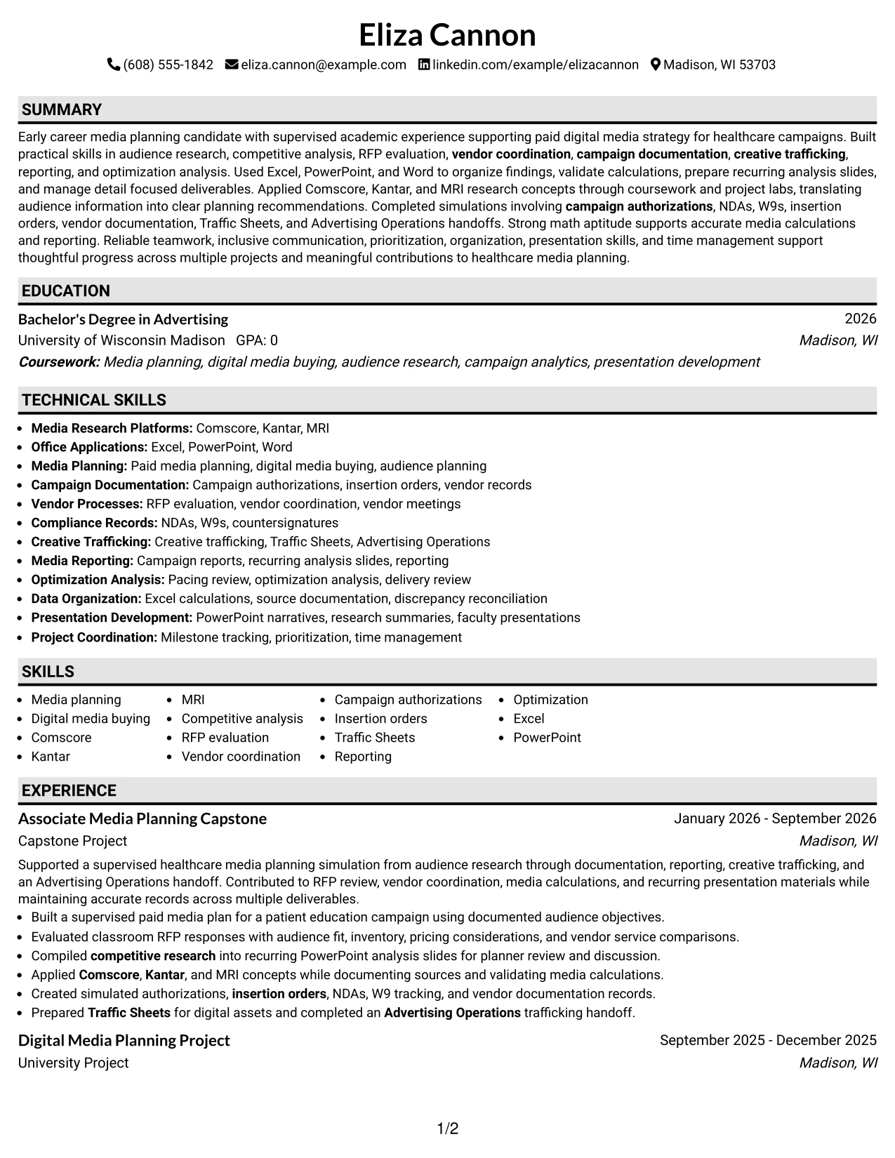 Resume Example Page 1