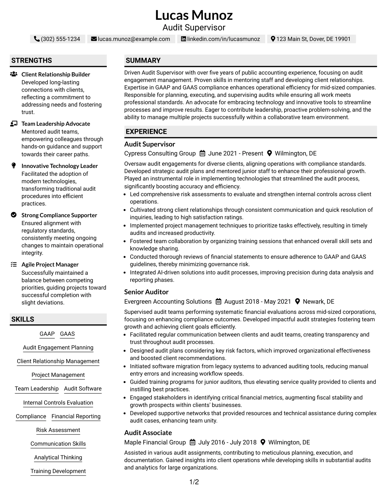 Resume Example Page 1