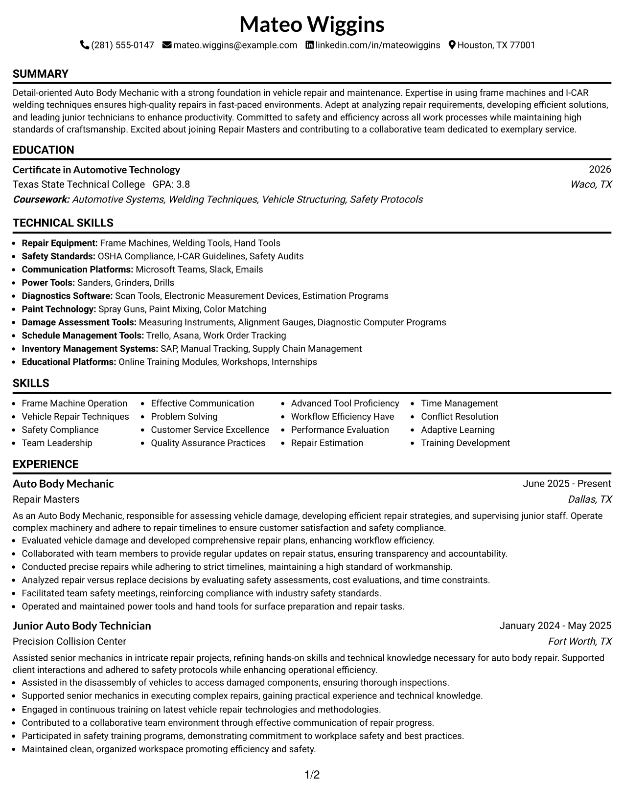 Resume Example Page 1