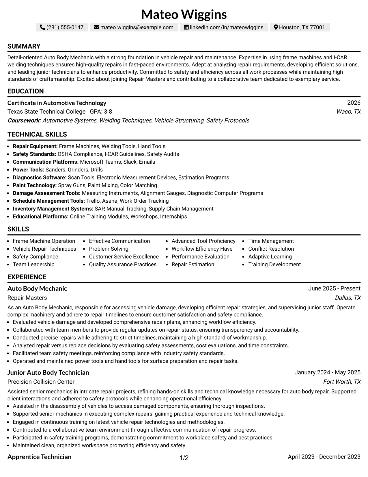 Resume Example Page 1