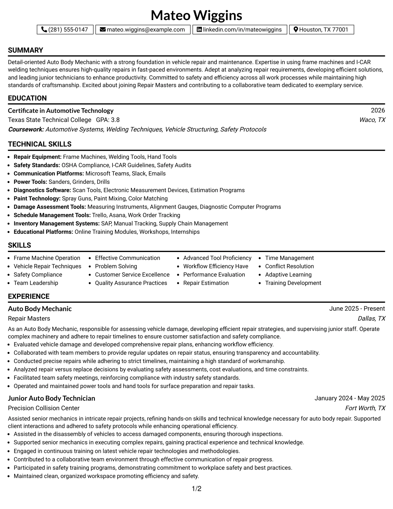 Resume Example Page 1