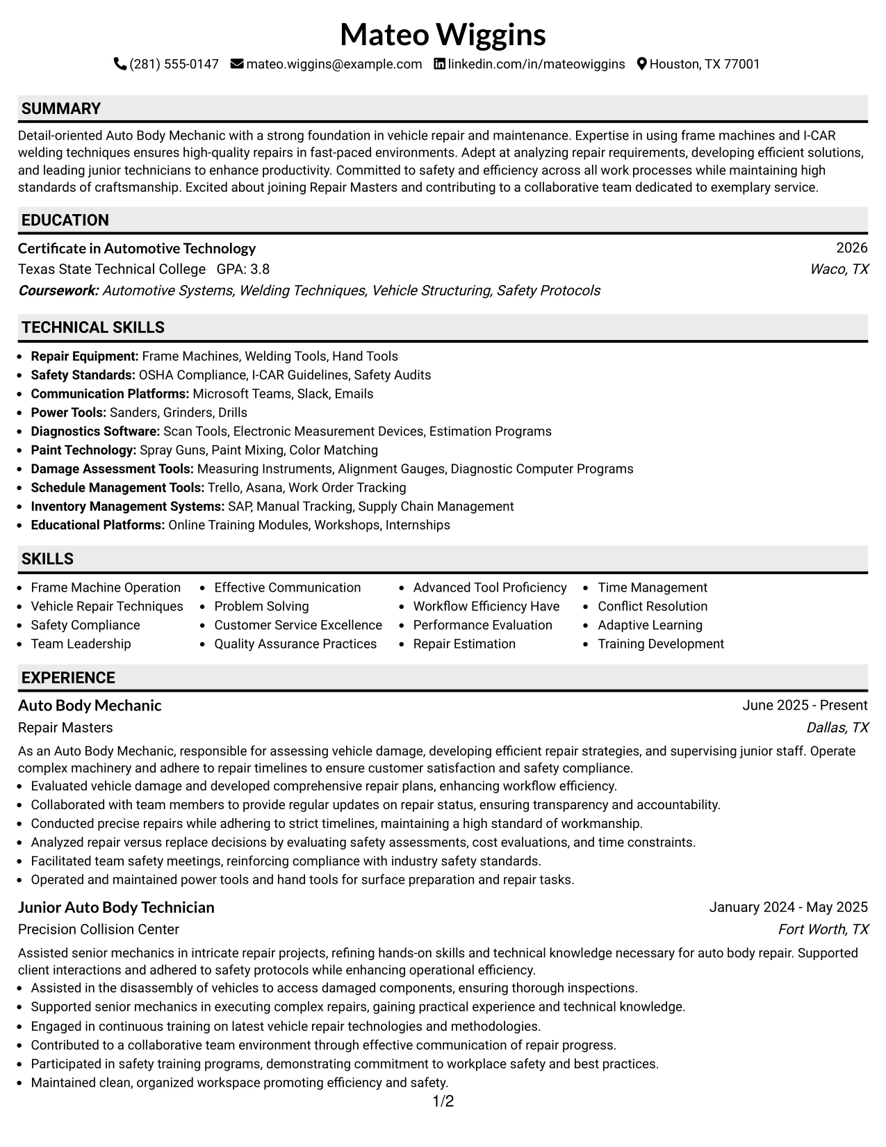 Resume Example Page 1