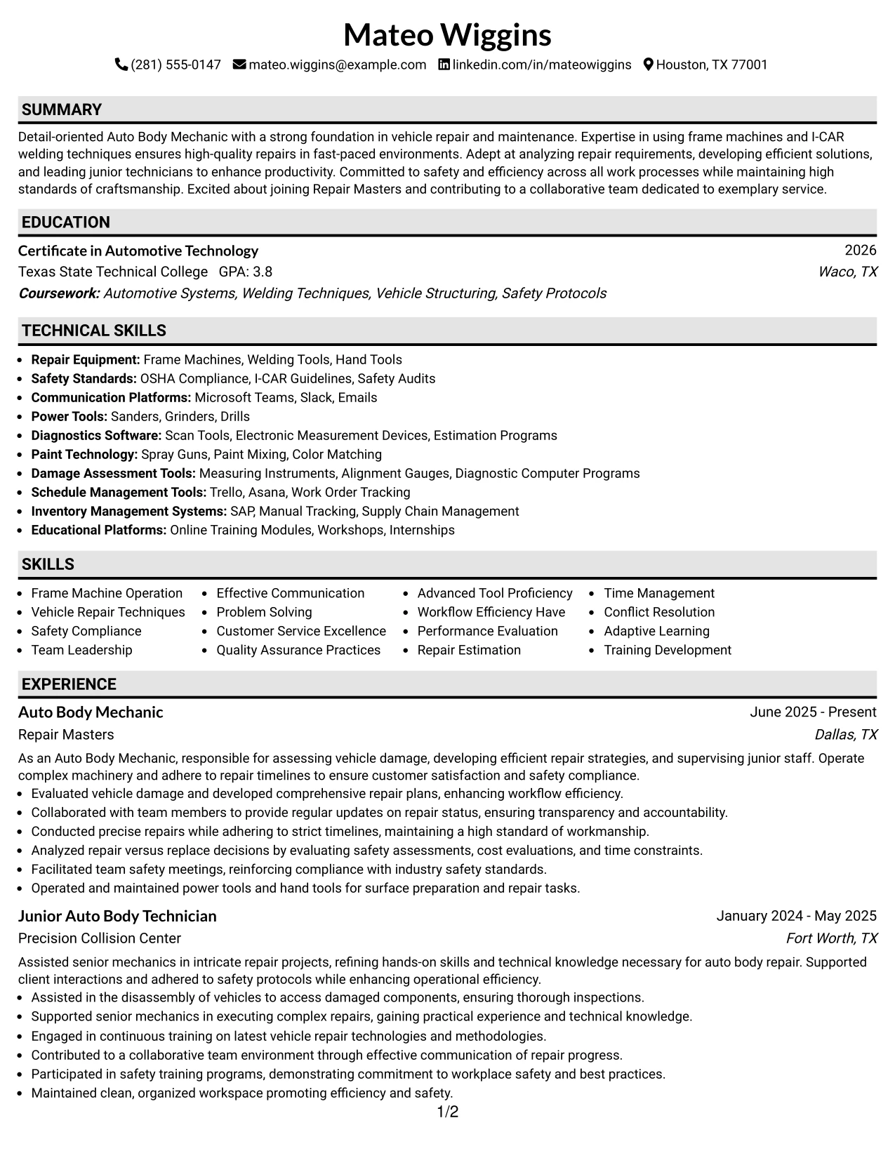Resume Example Page 1