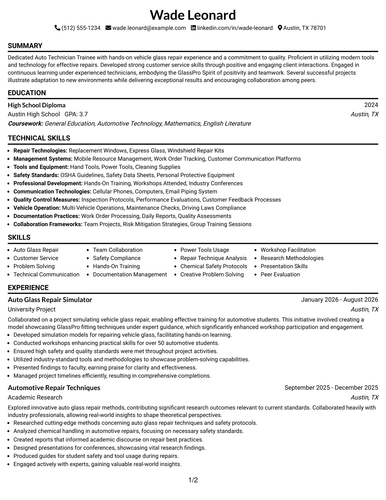 Resume Example Page 1