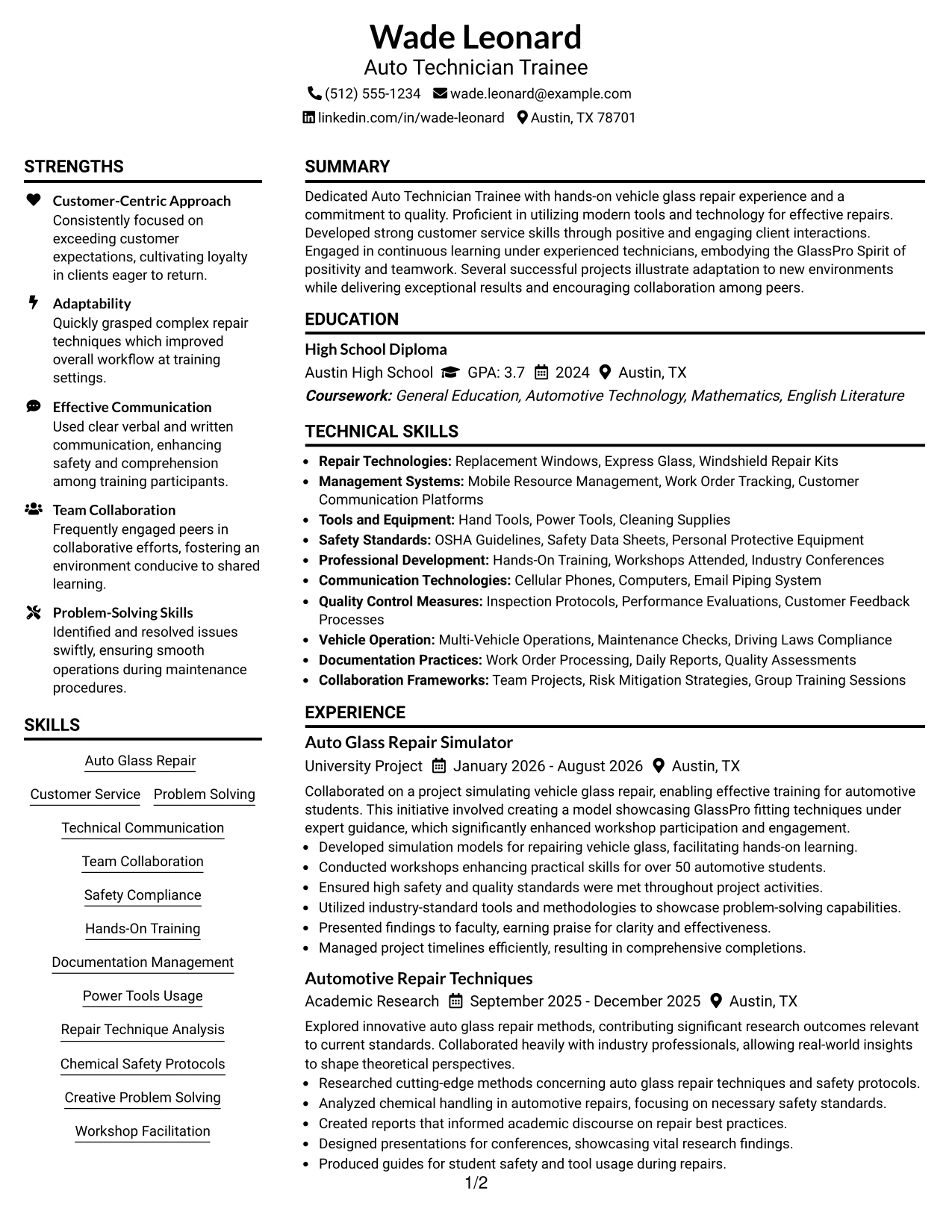 Resume Example Page 1